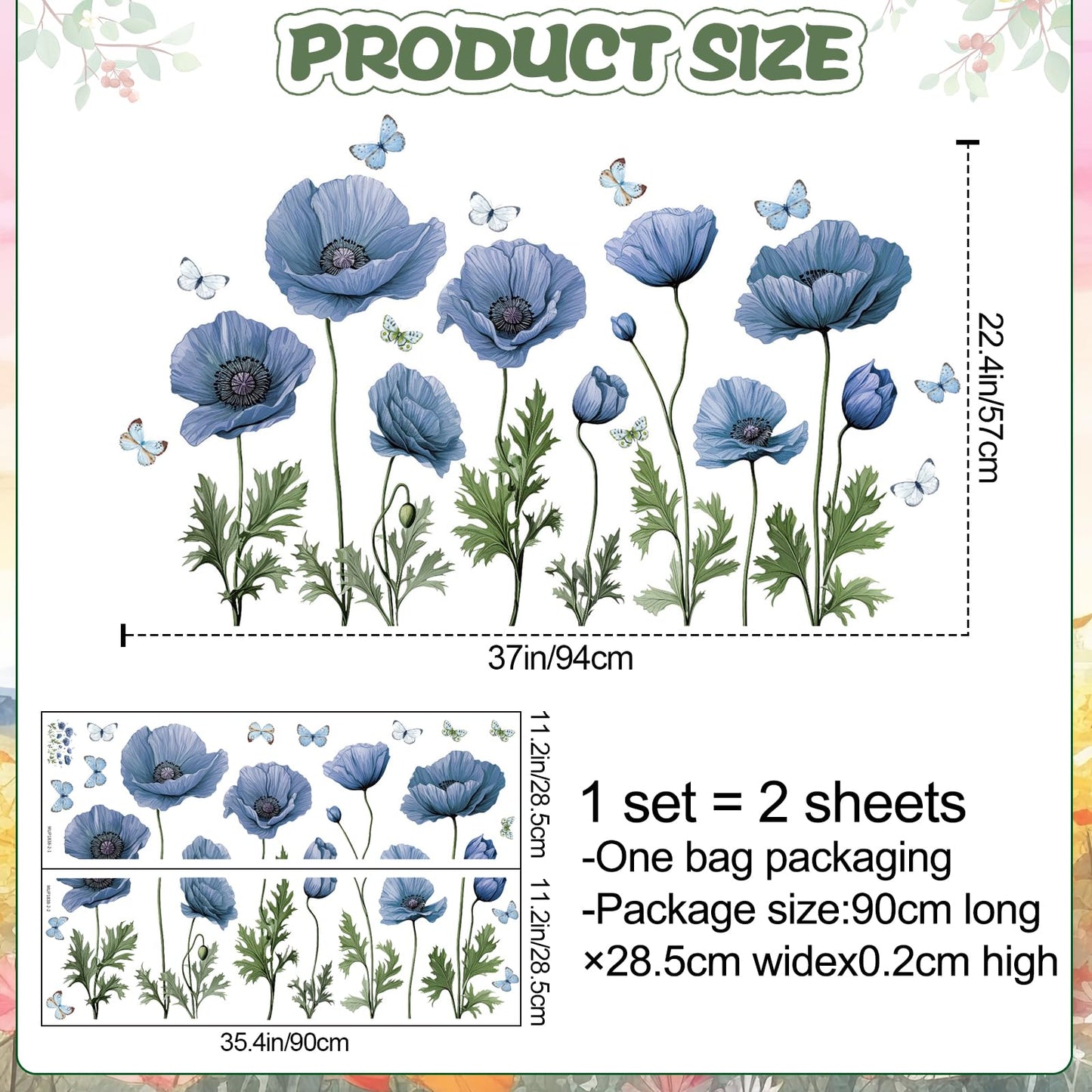 AM AMAONM Removable 3D Creative Flowers and Butterflies Wall Decal, Flower Vines Wall Stickers, DIY Floral Leaf Wall Decor for Home Nursery Bedroom Wall Corner Decoration (Blue)
