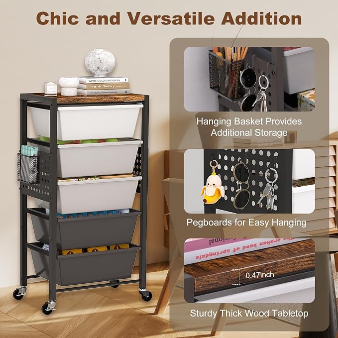 Rolling Cart with Drawers, Rolling Storage Cart with Large Plastic Drawers & Wooden Tabletop, Utility Cart with Pegboards & Basket, Storage Drawers Cart for Living Room, Classroom, Bedroom, Office