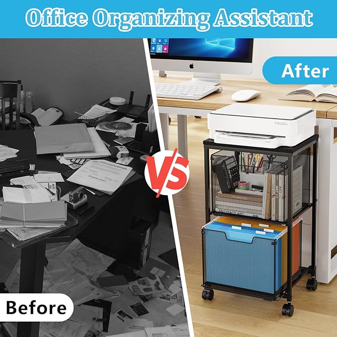 Sbanmao Rolling File Cart with 2 Storage Drawers, Mobile File Cabinet with Wheels, Hanging File Folder Organizer, Under Desk Storage, Printer Stand Utility Cart Filing Cabinet for Home Office,Black