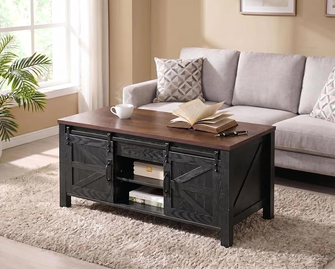 OKD 48" Farmhouse Lift Top Coffee Table with Sliding Barn Door, Rustic Center Table w/Hidden Storage Compartment, Lift Tabletop Dining Table w/Adjustable Shelf for Living Room,Black & Walnut Oak