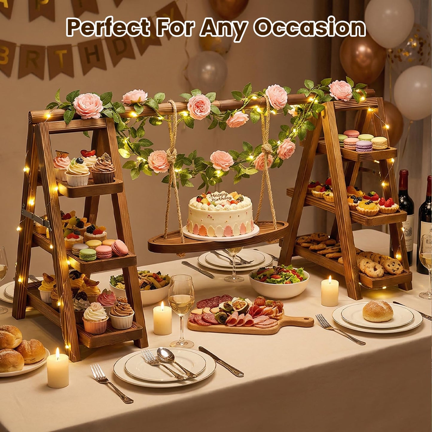 3 Tier Wooden Cupcake Stand with Swing and Flower Decoration, Dark Brown Natural Wood Dessert Swing Display Serving Set with Removable Trays, Rustic Wedding & Party Dessert Stand