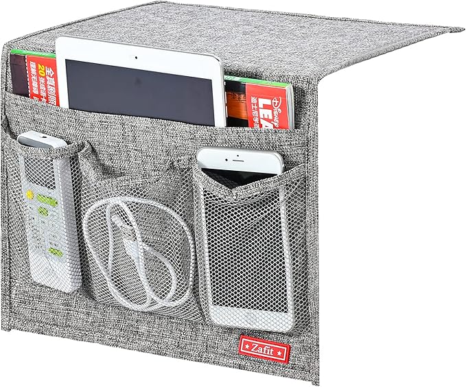 Zafit Linen 4 Pockets Bedside Caddy, Bedside Storage Organizer for Magazine, Remotes, Phone (Classic Grey)