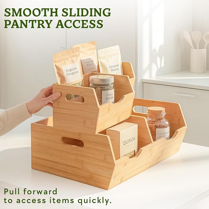 HOMESTEAD Extra Large Bamboo Pantry Storage Bins – 30% Larger, Stackable Potato Onion Storage Bin, Large Pantry Organizers and Storage, Produce Vegetable Organizer, Set of 3