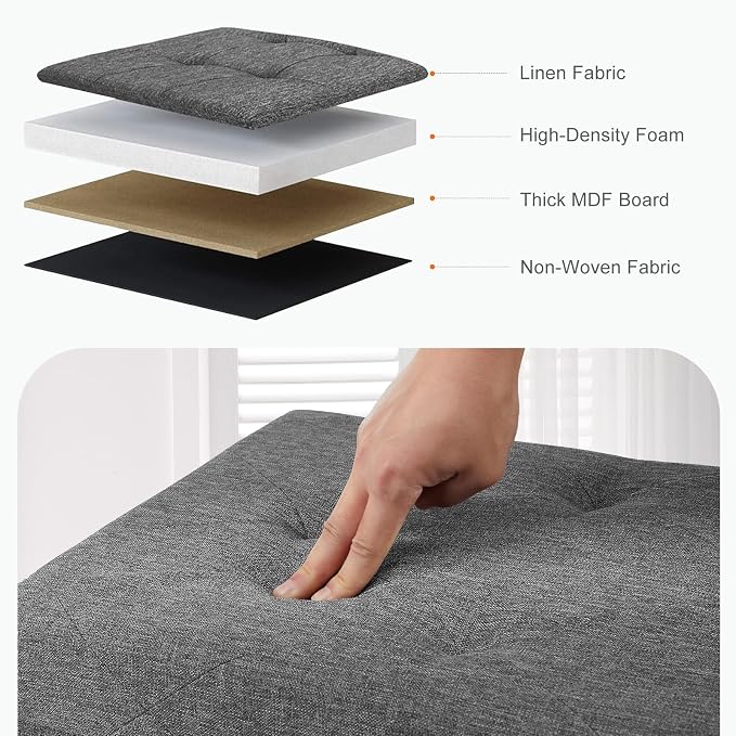 Sweetcrispy 43 Inch Folding Storage Ottoman Bench, Large Hidden Storage Chest with Padded Seat, Foot Rest Stool Supports Up to 660Lbs, End of Bed Bench for Bedroom, Living Room, Linen Fabric, Grey