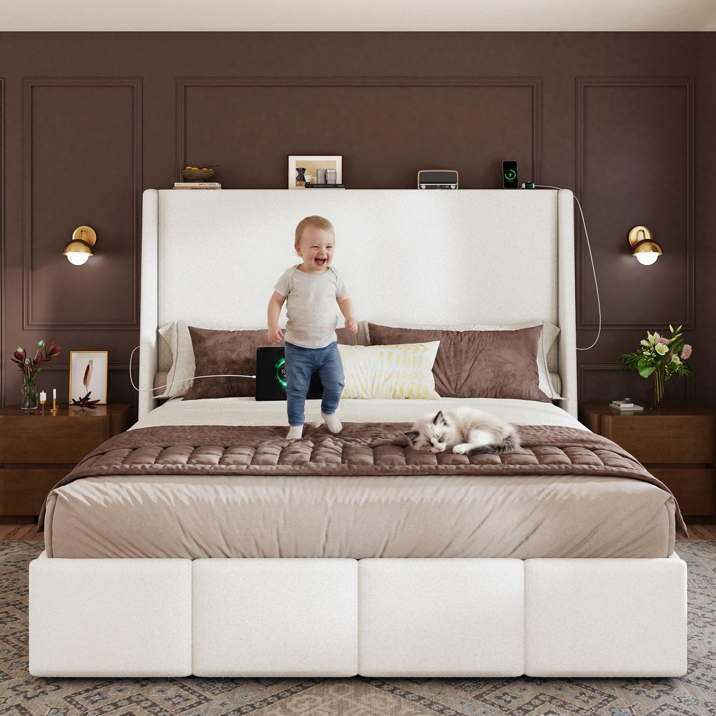 LARMACE King Size Bed Frame 54.2" Extra Tall Wingback Headboard, Lambswool Upholstered Platform Bed Frame with Legs Featuring Built-in Charging Ports, Wood Slats, No Box Spring Needed, White