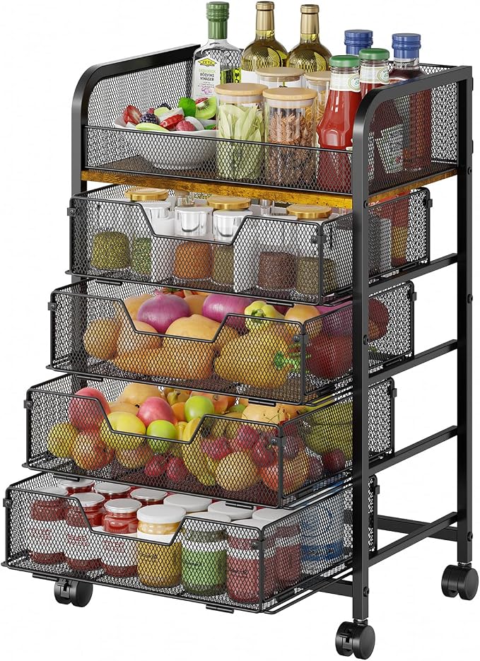 5-Tier Rolling Kitchen Cart with Drawers - Kitchen Storage Cart on Wheels,Pantry Snack Cart,Fruit and Vegetable Storage Cart with Wood Top,Rolling Utility Cart for Potato and Onion Storage