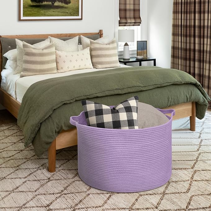 MEGASKET 115L Extra Large Purple Storage Basket, 23.6" X 15.7" Jumbo Woven Cotton Rope Bin for Throw Blankets Pillows, Baby Laundry Basket, Dirty Clothes Organizer, Big Storage Box for Toys, Towels