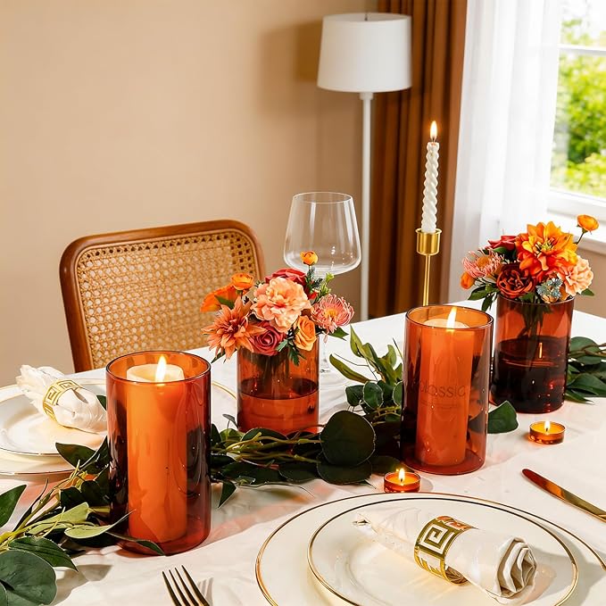 TBWIND 12pcs Amber Glass Cylinder Vases for Centerpieces, 6 Inch Bulk Flower Vases for Wedding Decorations, Hurricane Candle Holder for Floating Candles and Table Home Decor