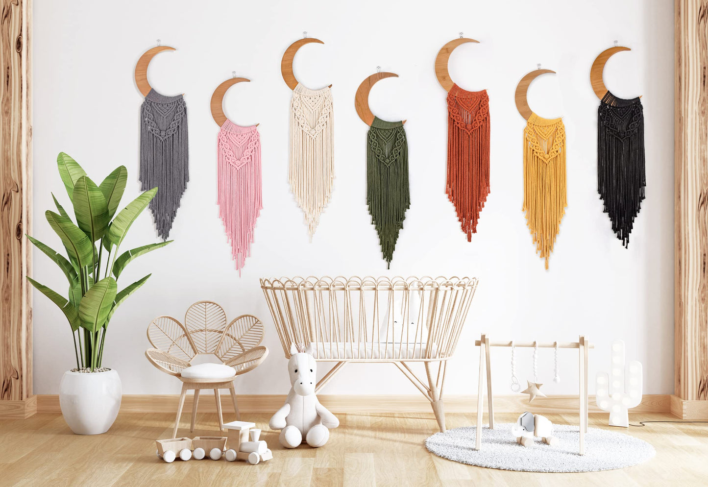 ANROYE Macrame Wall Hanging Boho Moon Decor, Bohemian Crescent Wooden Ornament with Long Tassel, Handmade Unique Wood Tapestry Home Decoration Wall Art Gift for Dorm Bedroom Nursery Living Room