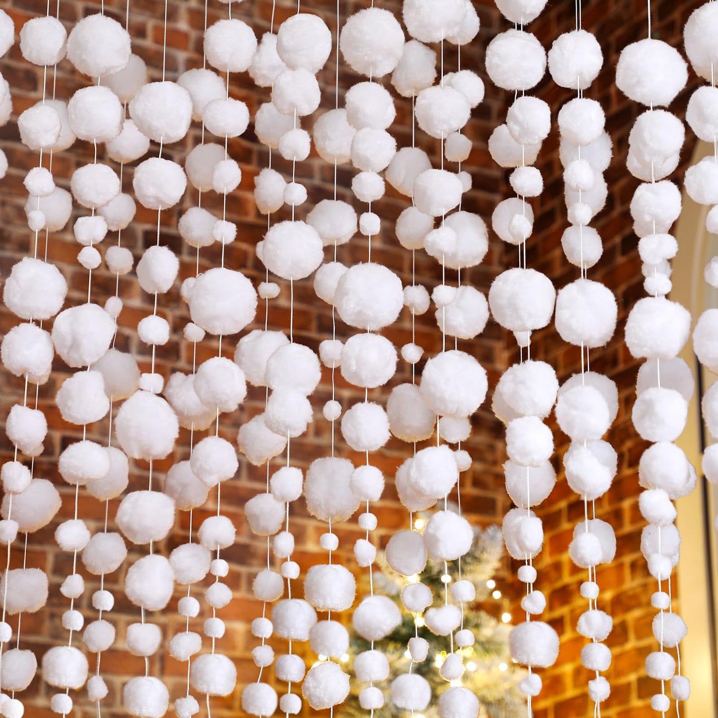 Tegeme 48 Pcs Winter Snowball Garland 6.5 Feet White Pom Pom String Garland Winter Party Wonderland Decoration Snow Ball Hanging Banner White Snowball Decor for Ceiling Tree Holiday Party Wall Home