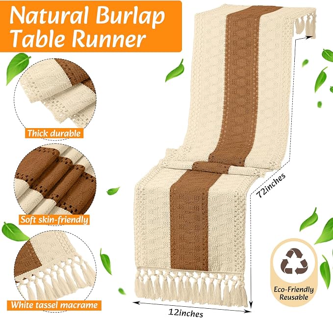6 Sets Boho Decoration Placemats Round Woven Placemats, Cloth Napkins, Wood Bead Napkin Rings, Long Table Runner and Farmhouse Burlap Cotton for Table Kitchen (Caramel,12x72)