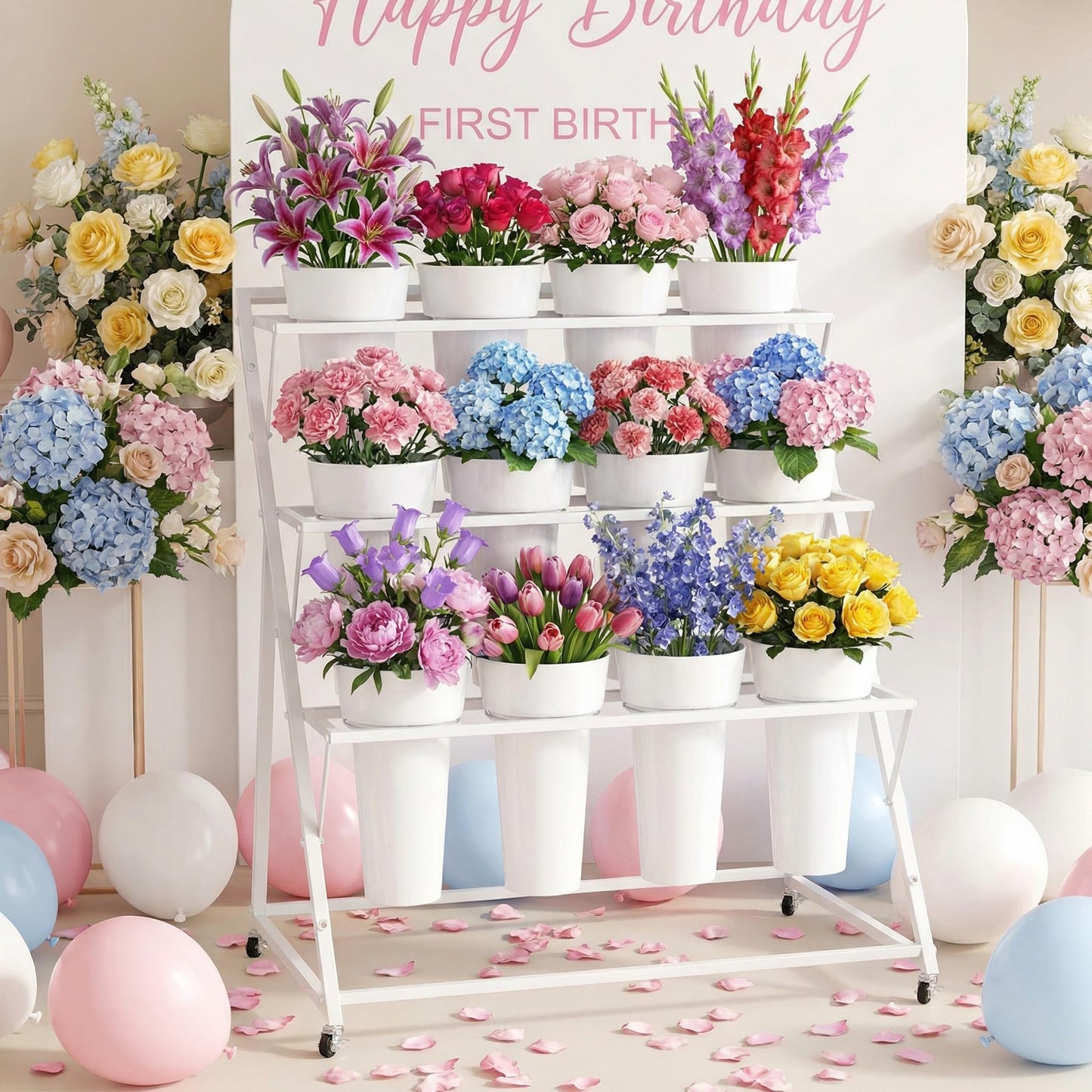 Asee'm Flower Display Stand with 12 Buckets Metal Flower Bar Stand 3 Layer Heavy Duty Flowers Cart Display with Wheels Moving Florist Bouquet Shelf for Indoor Outdoor Patio Decor Terrace Wedding White