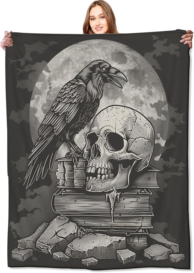 Gothic Skull Blanket,Goth Black Raven Spooky Throw Blankets,Gifts for Women Men, Lightweight Soft Fleece Cozy,for Sofa Couch Bed Room Travel,Festival Halloween Aesthetics Decor,50x60in