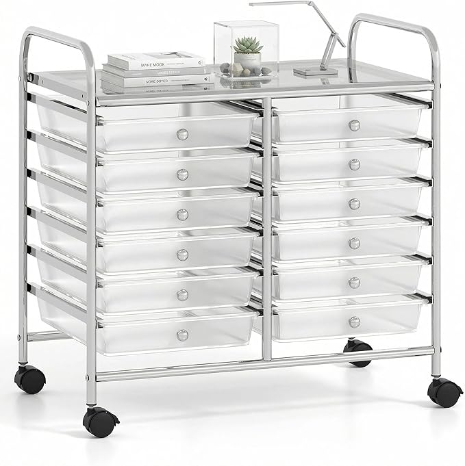 COSTWAY 12-Drawer Rolling Storage Cart, Utility Storage Organizer Cart for Tools, Scrapbook, Paper, Craft, Multipurpose Art Supply Organizer on Wheels for Home Office School, Teacher, Clear