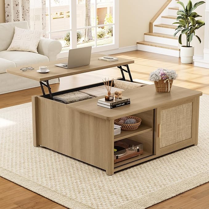 SEDETA 31.5" Lift Top Coffee Table with Storage, Square Coffee Tables for Living Room, Farmhouse Coffee Table with Large Hidden Storage Compartment and Adjustable Shelves, Rattan Oak