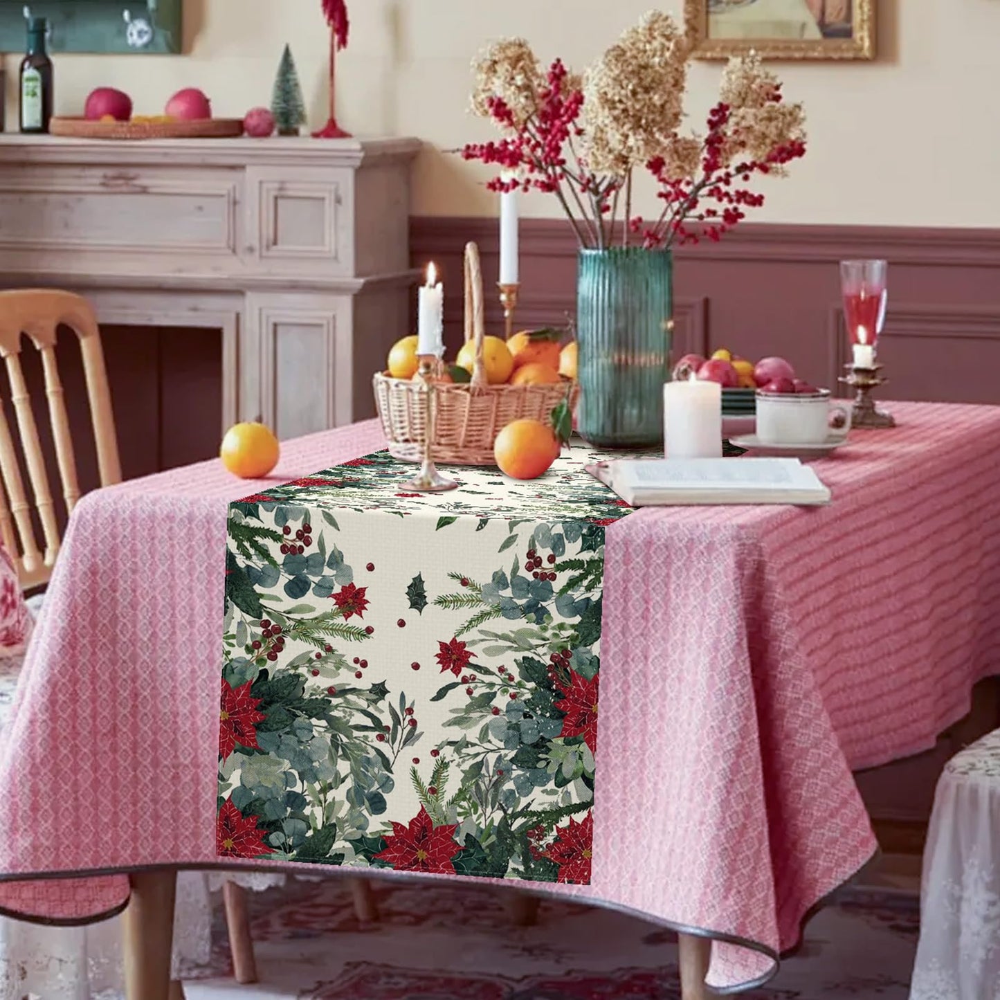 72 x 13 Inch Christmas Table Runner – Red Poinsettia and Greenery Holiday Table Decoration with Winter Berries for Dining Room, Kitchen, and Festive Christmas Parties