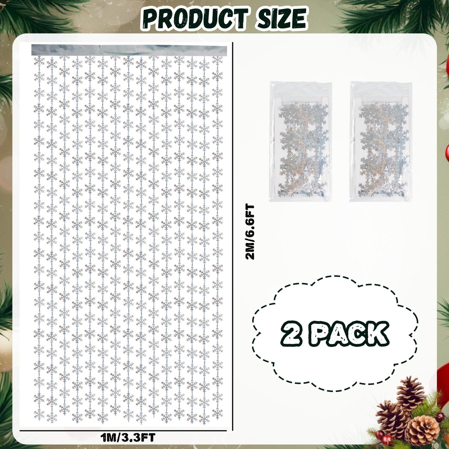 Winter Wonderland Party Snowflake Decorations, 3.3x6.6ft Iridescent Silver Snowflake Tinsel Foil Fringe Curtains Backdrops Photo Props for Xmas Winter Frozen Birthday Party Supplies, 2 Pack