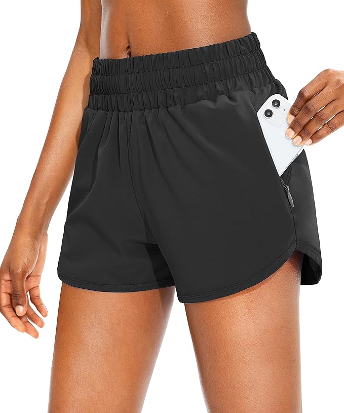 SANTINY Women's Running Shorts with Zip Pockets High Waisted Athletic Workout Gym Shorts for Women with Liner