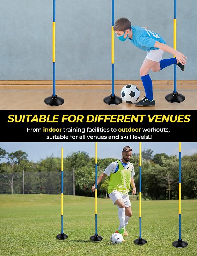 SEAOTTER Soccer Agility Poles with Rubber Base, 10 Pcs Detachable Sports Speed Agility Training Equipment, Agility Sticks for Football, Rugby, Basketball, Slalom, Indoor & Outdoor