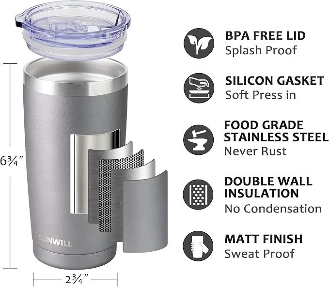 SUNWILL Travel Coffee Tumbler 20 oz, Insulated Mug with Lid, Stainless Steel Cup for Hot and Cold Drinks, Cool Grey