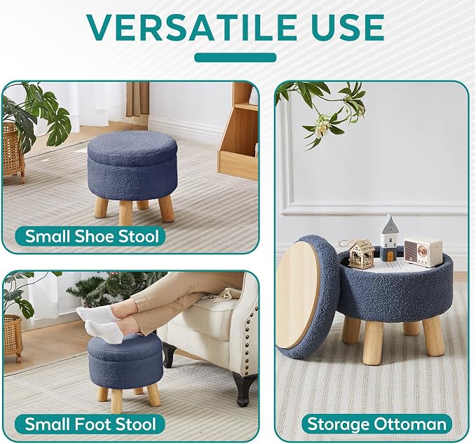 Small Foot Stool Ottoman with Storage, Sherpa Ottoman Foot Rest for Couch, Round Footstool with Storage, Small Ottomans and Footstools for Living Room and Entryway (Navy Blue)