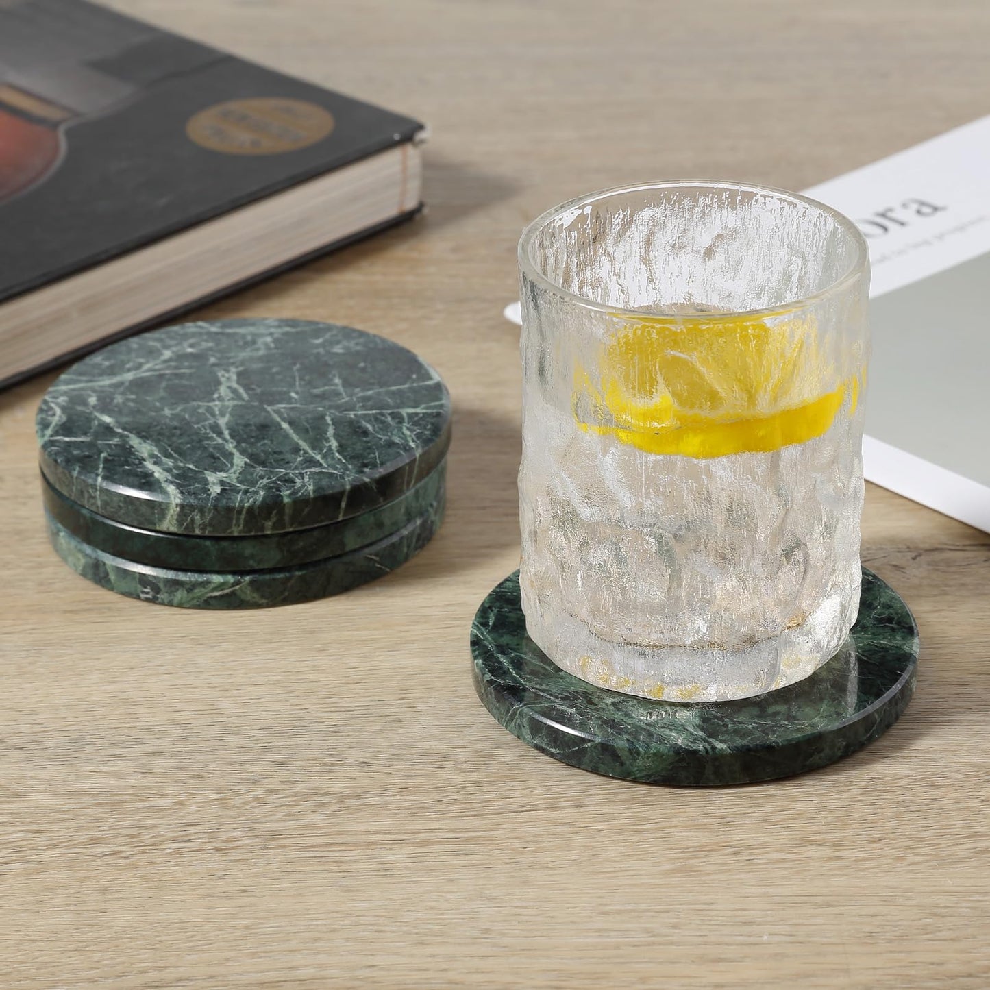 Koville Marble Coaster Set of 4, Round Coasters, 4" Stone Coaster for Drinks Coffee, White Marble Coasters for Coffee Table Home Bar Decor, Heat Resistant, Gift Choice(Green)