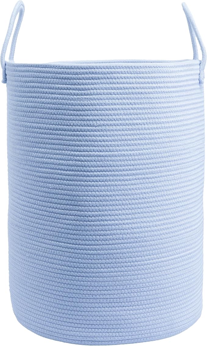 XUANGUO Cotton Rope Laundry Basket Hamper for Clothes Woven Storage Basket for Living Room Bedroom Boho Tall Rope Baskets for Blanket Toys Pillow Towels Baby Nursery Hamper Bin light blue Large