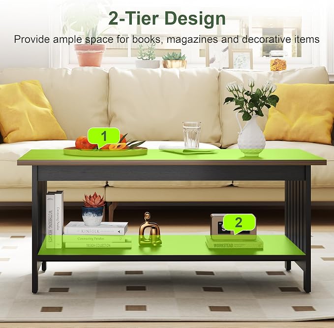 YOSHOOT 39.4" Farmhouse Coffee Table, Small Coffee Tables for Living Room | Black, 2 Tier Coffee Table with Storage, Tea Table for Living Room Bedroom Small Space