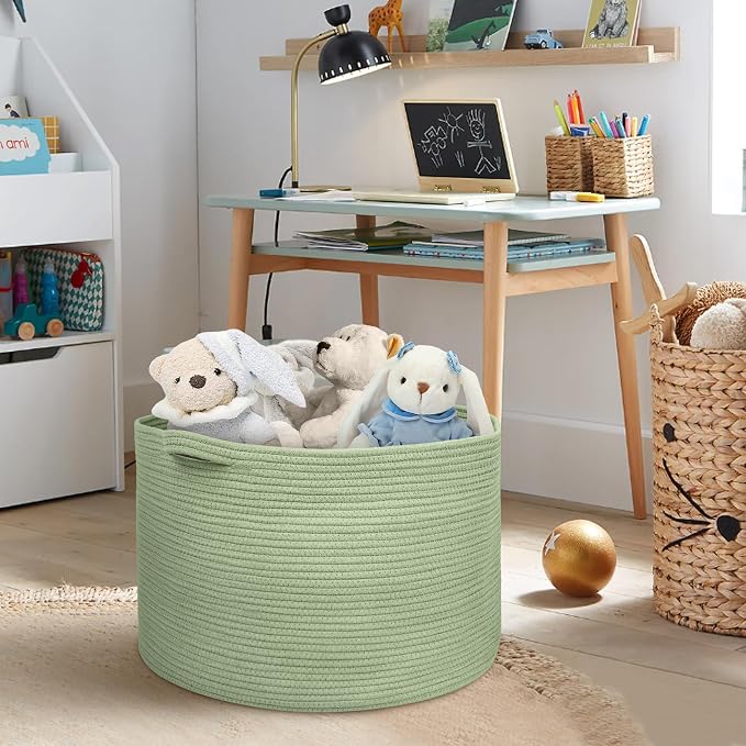 MEGASKET Extra Large Green Basket, 22" X 22" X 14" Woven Cotton Rope Baskets for Blankets, Nursery Laundry Basket, Cute Kids Toy Storage Bin, Green Living Room Bedroom Decor Baskets for Organizing