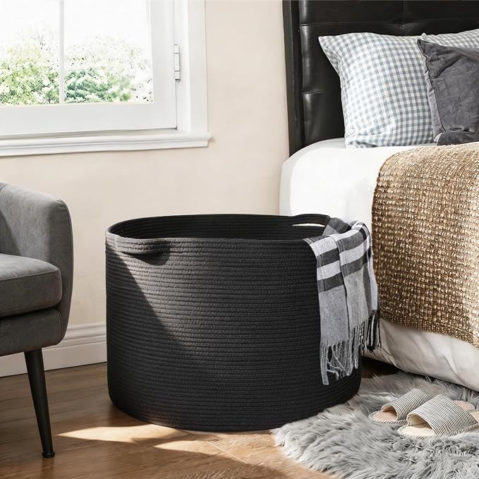 MEGASKET Large Black Blanket Basket, 22" X 22" X 14" Woven Rope Bin for Storage, Kids Dog Toy Storage Box Organizer Bins, Blanket Holder for Living Room, Decorative Wicker Basket for Organizing