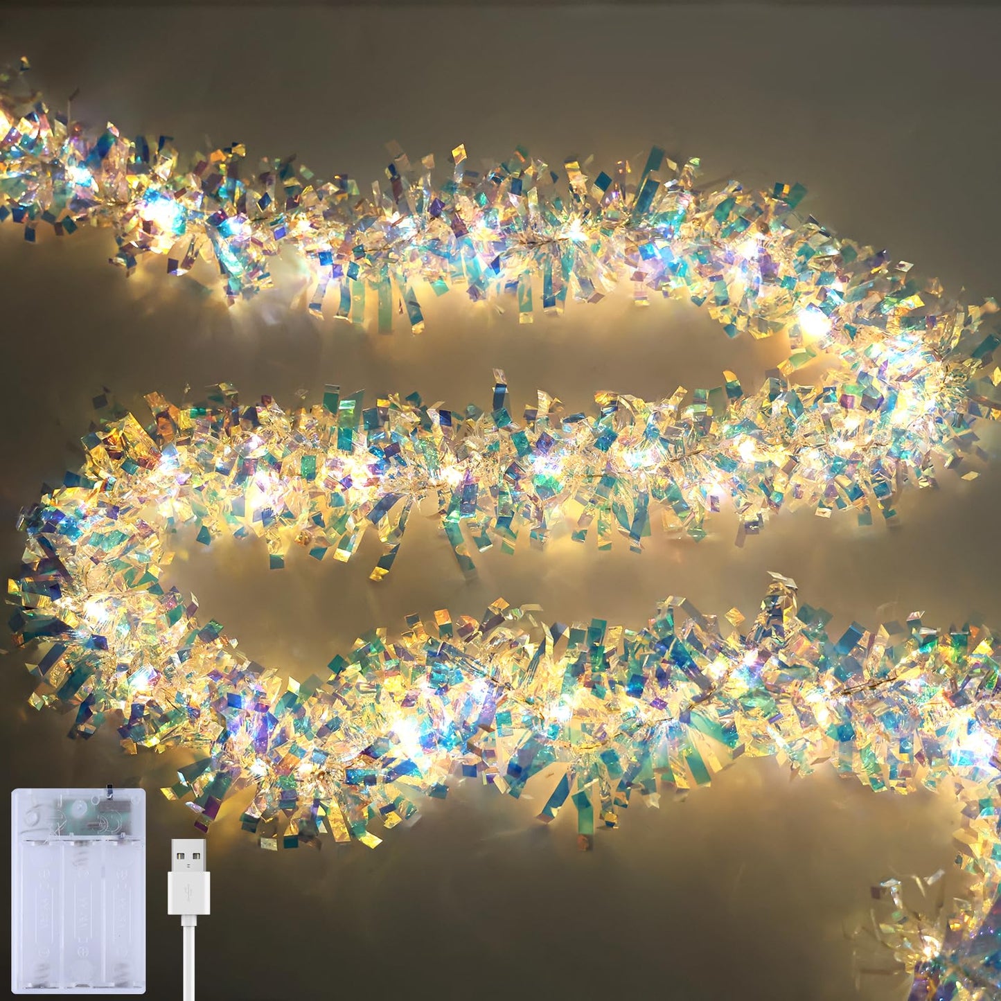 LAWOHO 16.5FT/5M Christmas Tinsel Garland with Lights, Shiny Iridescent Foil Garland for Valentines Day, Christmas Tree, Wedding Birthday Party, New Year Holiday, Indoor Outdoor Hanging Home Decor