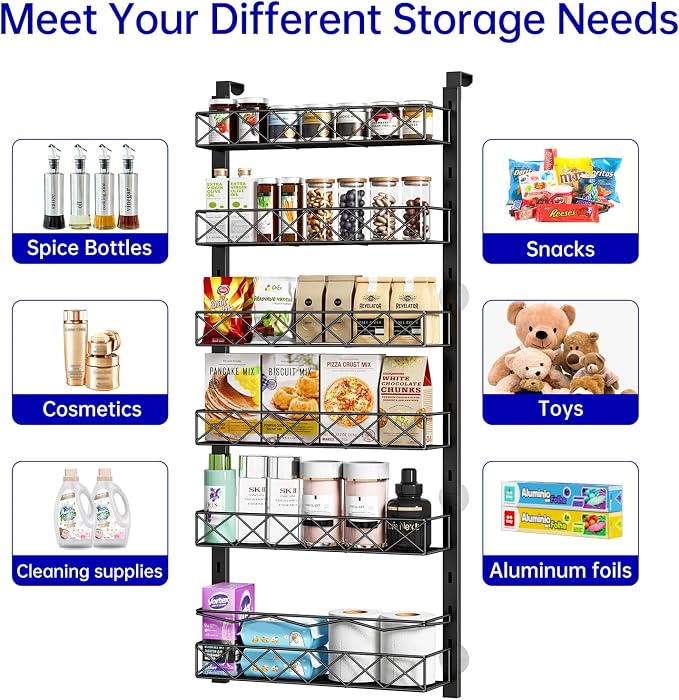MIAOLI Over the Door Organizer, Black 6-Tier Pantry Door Organizer with Adjustable Basket, Hanging Spice Rack Cabinet Door Shelves, Laundry Room Organization and Storage