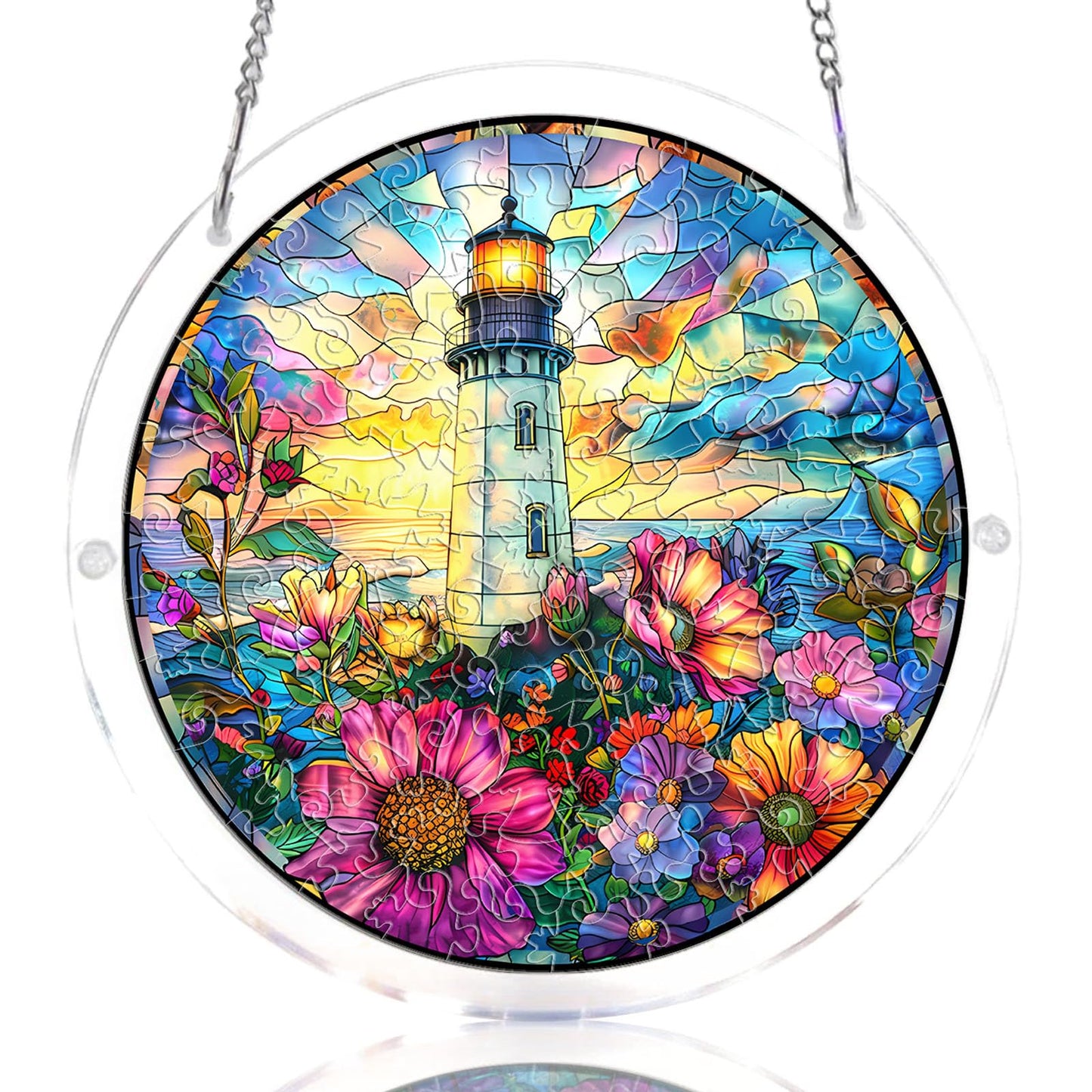 Acrylic Jigsaw Puzzle Suncatcher, Ocean Lighthouse Stained Glass Style Puzzle for Adults, DIY Sun Catchers Indoor Window, Home Decor, Creative Gift for Mothers Day, Birthday, Mom, Grandma-S