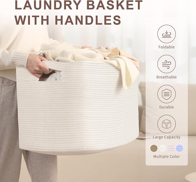100L Extra Large Baby Girls Laundry Basket for Nursery Storage,Cute Woven cotton Rope Baskets for Kids Toy，Gifts, Boho Square Wicker Blanket hamper for Living Room,Bedroom Dirty Clothes, White