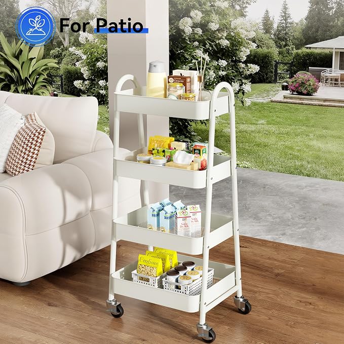 OLIXIS Metal 4 Tiers Utility Rolling Cart, Mobile Storage Shelf with Lockable Caster Wheels, Organization for Livingroom, Bathroom & Narrow Places, 4-Tier White