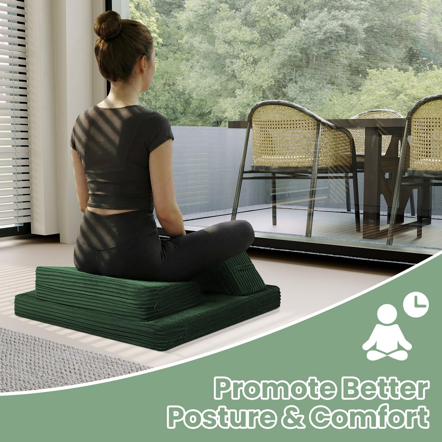 PRIMEPATIO Meditation Cushion Set, Meditation Pillow for Sitting on Floor, Large Yoga Pillow with Knee Support, Washable Zafu Meditation Mat, 3 Shapes Floor Pillow for Adults, Green