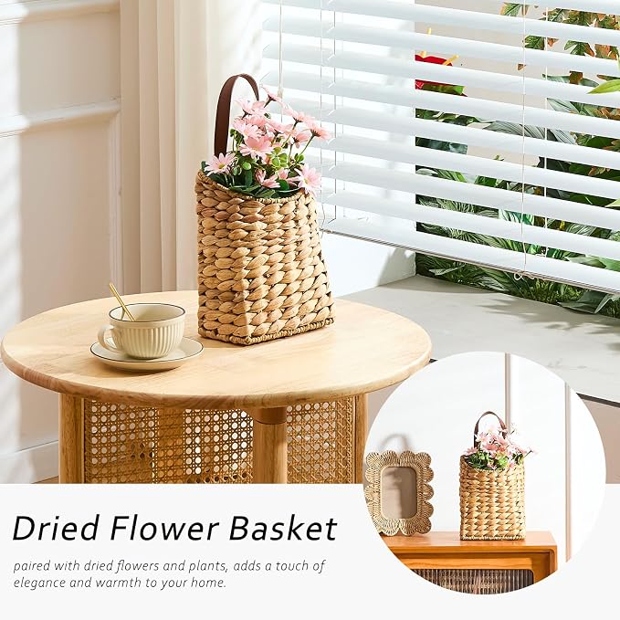 Wall Hanging Pocket Basket Portable Water Hyacinth Storage Basket Decorative Boho Mounted Organizer Dried Flower Plants Front Door Basket for Garden Farmhouse Home