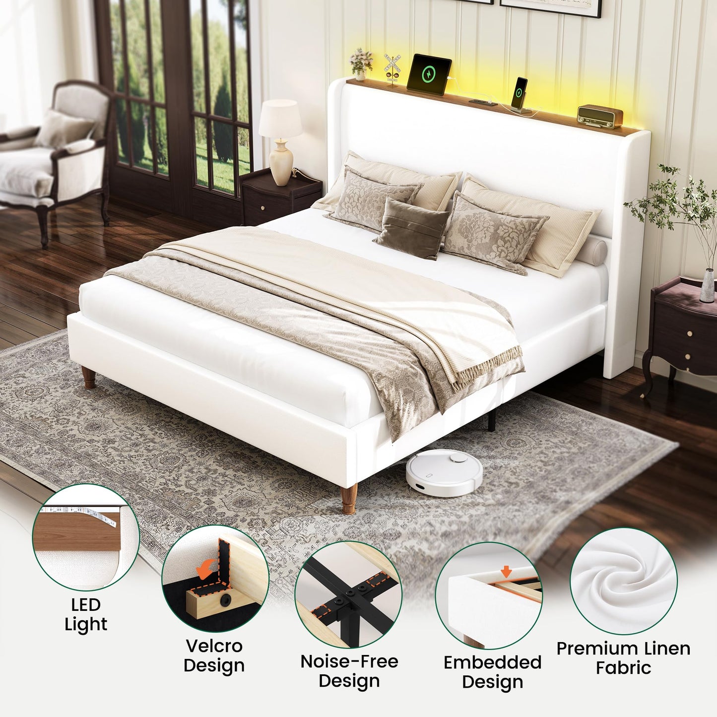 LARMACE Queen Size Bed Frame with LED Lights and Charging Station Linen Upholstered Platform Bed Frame with 51.2" Tall Headboard Wingback and Storage Shelf, No Box Spring Needed, Noise Free, Cream