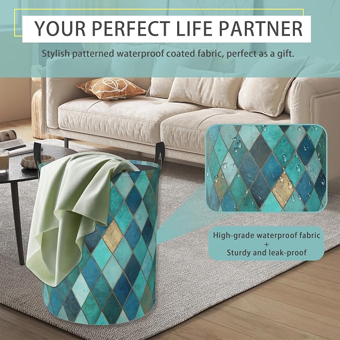 Laundry Hamper Foldable Oxford Cloth Moroccan Mosaic Laundry Basket With Handle Portable Clothes Storage Organizer Basket Storage Bag For Laundry Room/Bedroom/Bathroom