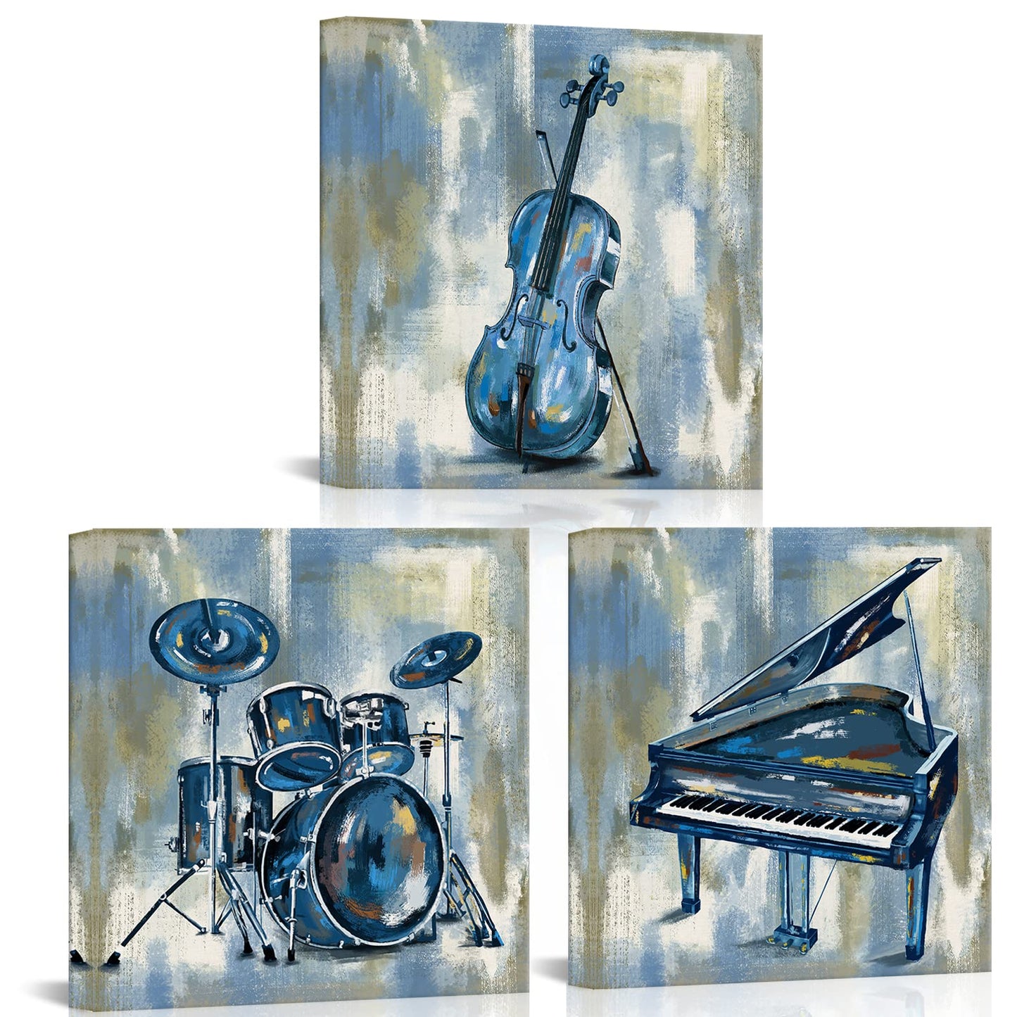 KLVOS Music Wall Art for Bedroom Musical Instrument Piano Guitar Drum Set Canvas Prints Stretched Musical Themed Art work for Classroom Music Room Wall Decor 12X12inchx3 pcs