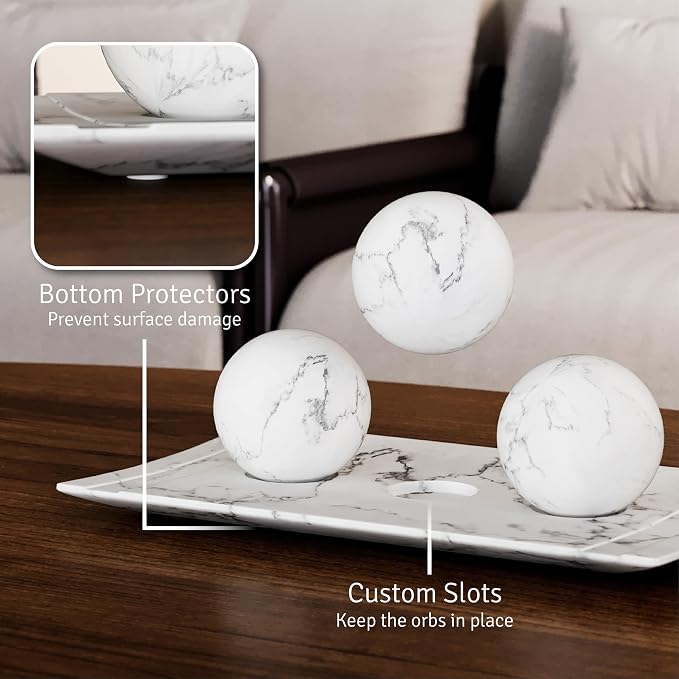Creative Scents White Marble Look Home Decor Tray and Orb Set Coffee Table Decor for Living Room Centerpiece Table Decorations for Dining Table, Kitchen, Foyer, Entryway Elegant House Decoration