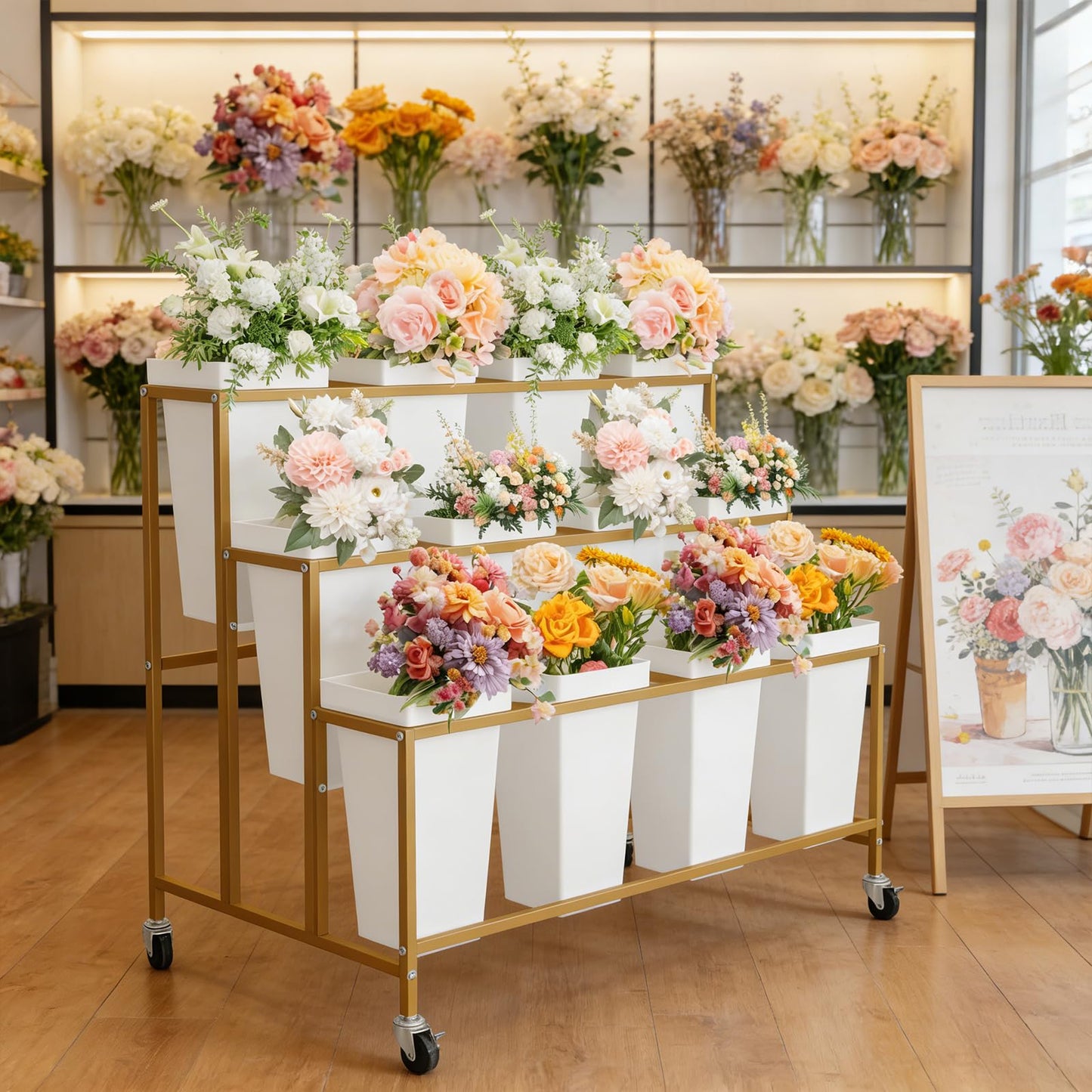 Garvee Flower Display Stand,3 Tier Flower Cart with 12 Round Buckets and Wheels, Moving Flower Cart Display Stand for Garden, Wedding, Flower Shop,Gold