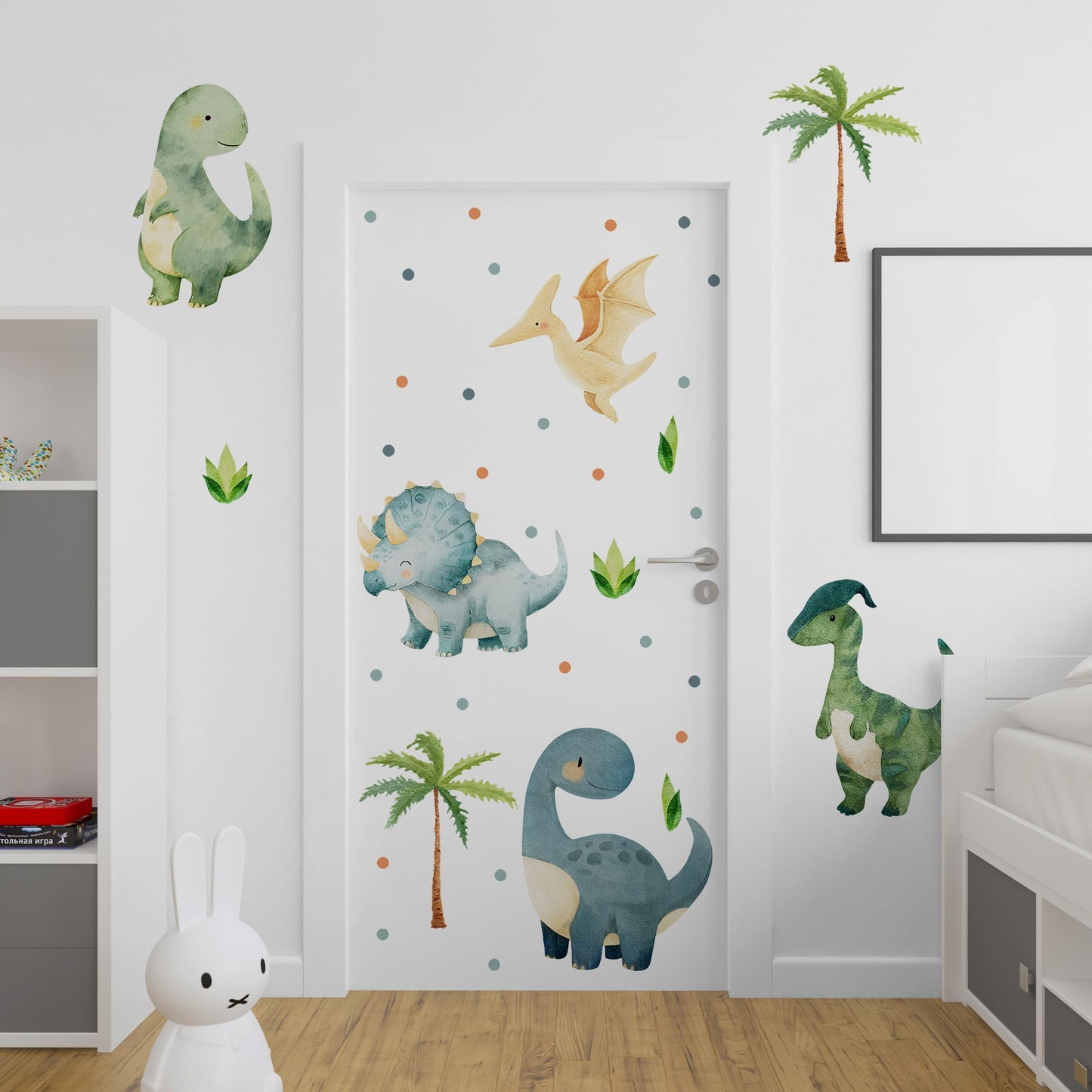 Large Dinosaurs Wall Decals, Dino Animal Tropical Palm Tree Home Decorations, Self Adhesive Dinosaurs Wall Art Sticker for Baby Nursery Kids Room Home Decor (Green Boho Dinosaurs Dot Decals)