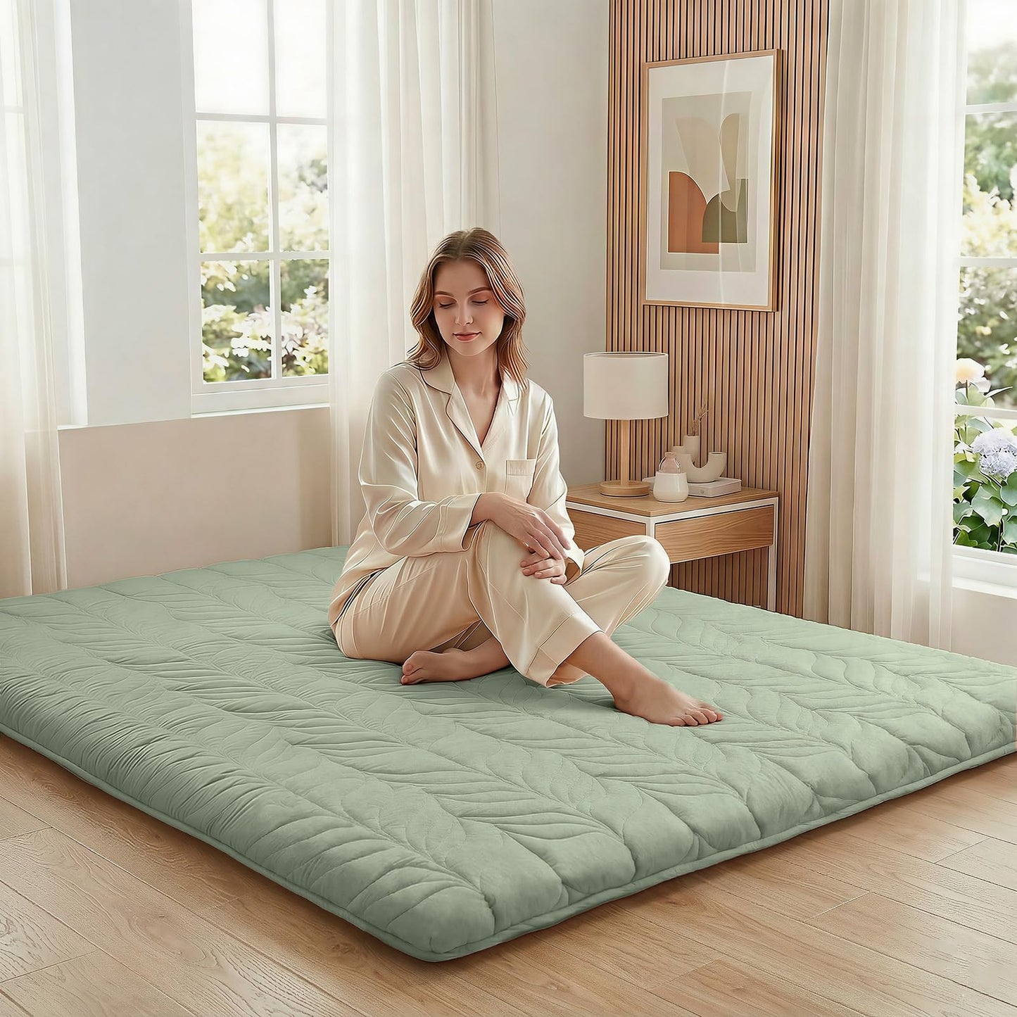ZonLi Japanese Floor Mattress Futon Mattress Twin Size, Thicken Roll Up Tatami Mat 100% Cotton Washable Cover, Portable & Foldable Floor Bed Mattress for Sleeping, Dormitory, Adult Kids, Green
