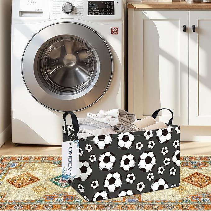 Rectangular Soccer Ball Pattern Storage Bin, Decorative Canvas Laundry Basket with Dual Handles, Foldable Household Toy Organizer, Multipurpose Party Gift Basket for Bedroom Dorm (Soccer)