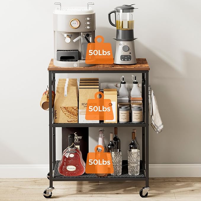 Homleke 3-Tier Rolling Kitchen Microwave Cart, Kitchen Utility Cart on Lockable Wheels, Coffee Bar Table Station with 6 S-Shaped Hooks, Small Appliance Storage Shelf, Rustic Brown and Black