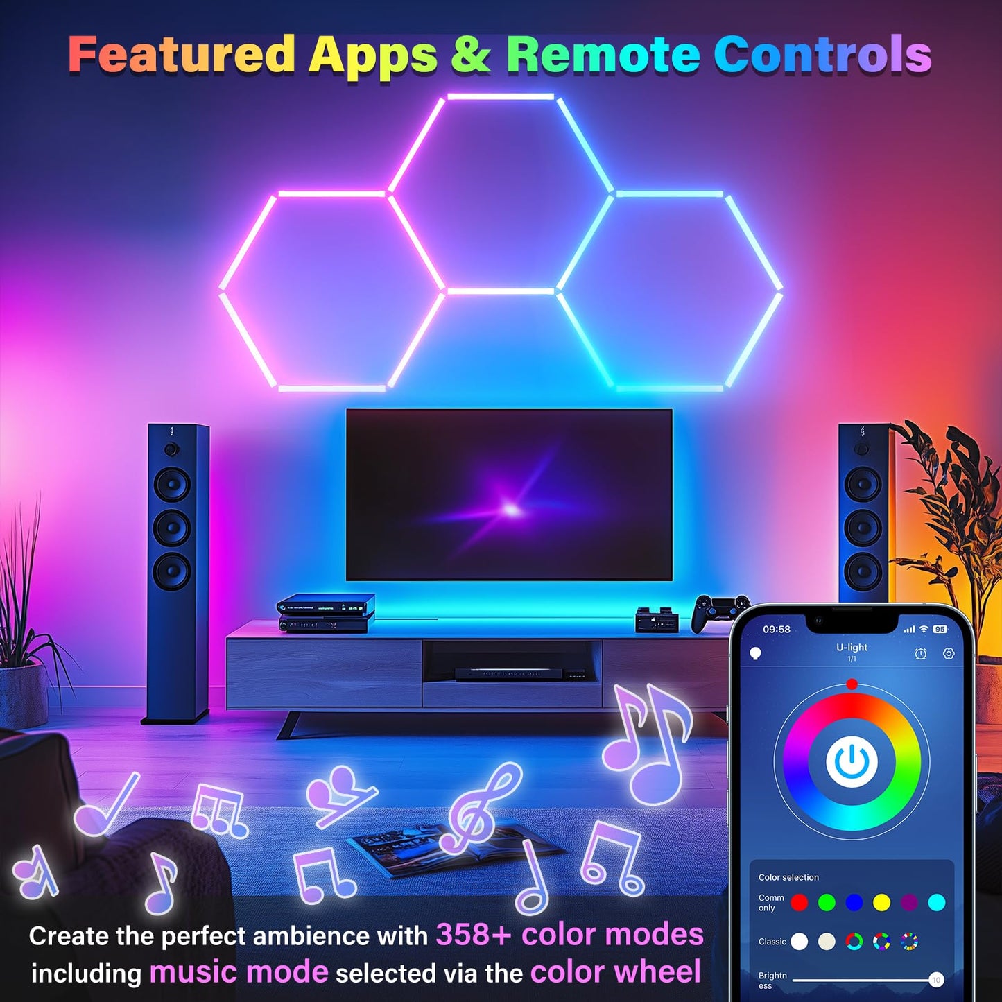 ALLYES Hexagon RGB Lights - Smart RGB LED Wall Lights with Music Sync, DIY Dimmable for Gaming Room, TV, Bedroom, Bar, Gym
