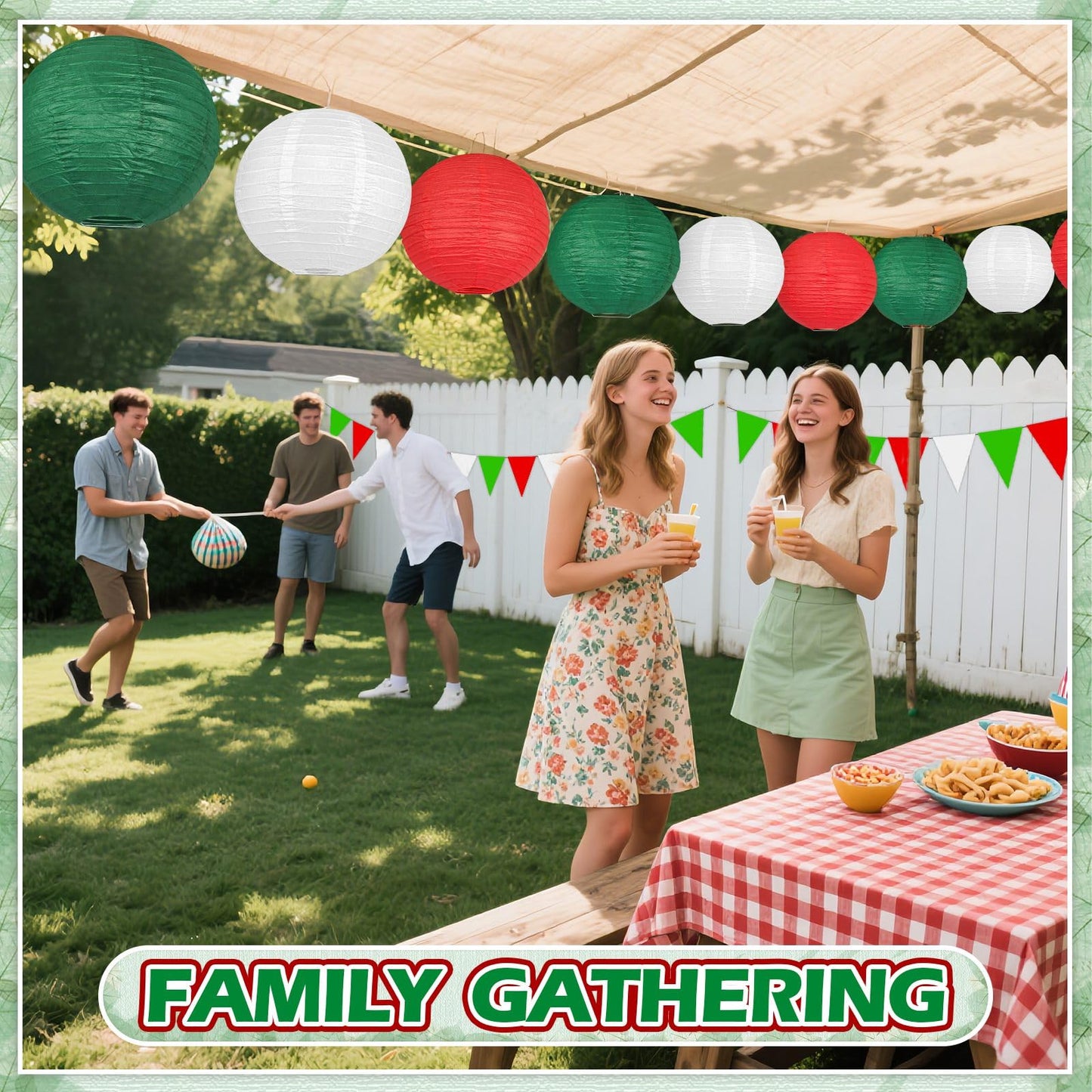 13 Pcs Red White Green Italian Party Decorations Set, Hanging Paper Lanterns & Fans, Mexican Fiesta Decor, Christmas Holiday Supplies, Reusable Eco-Friendly Party Backdrop Kit