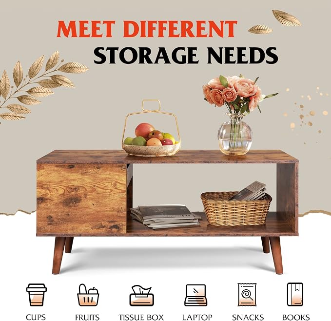 WLIVE Coffee Table, 39.4" Wood Coffee Table with Sliding Top up to 50" TV, Modern Center Table with Open Storage Shelf for Living Room, Bedroom, Rustic Brown
