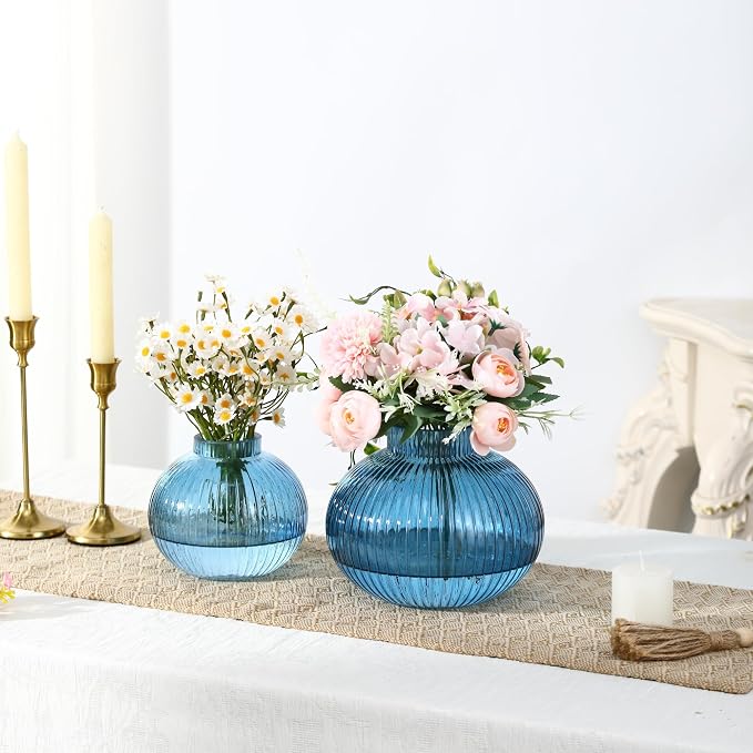 Blue Glass Vases for Tulips, Set of 2, Flower Vases for Bouquet, Ribbed Glass Vase for Flowers, Short Vase for Living Room, Office, Coffee Table, Shelf, Wedding